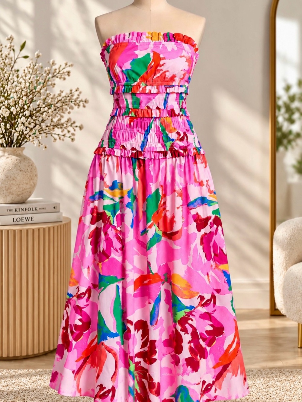 Strapless Pink Floral Midi Dress